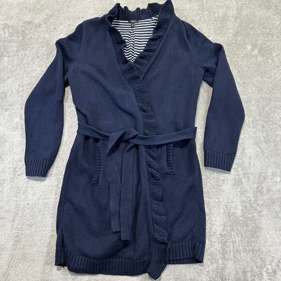 Talbots Blue Ruffle Cardigan Womens Medium Tie Waist Lined Pockets Cotton Blend - Picture 2 of 12